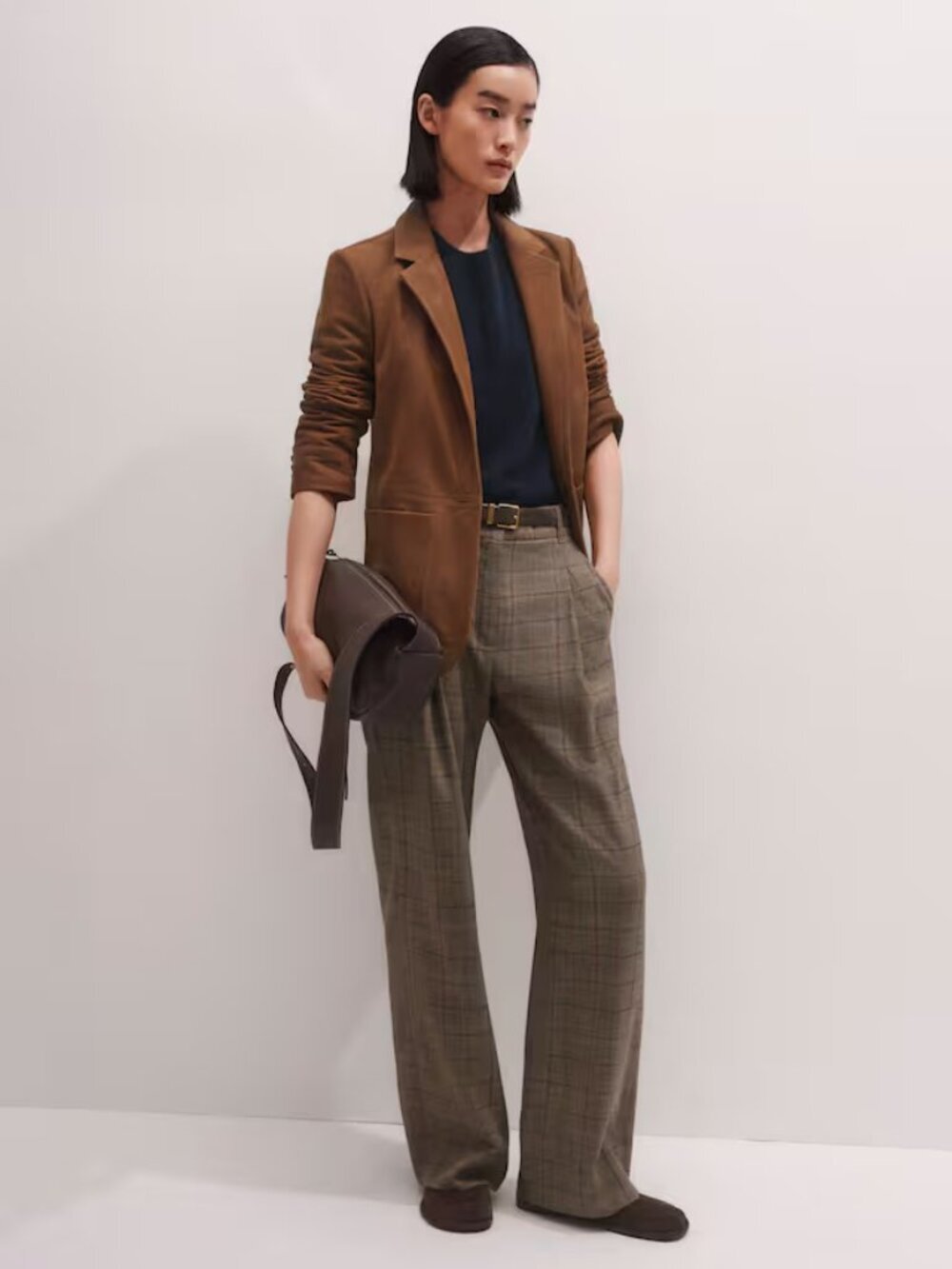 Me + Em Straight Leg Plaid Pleated Wool Pants